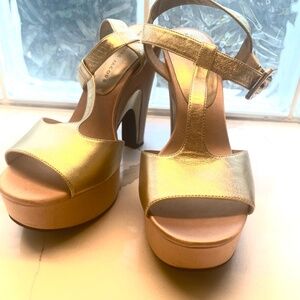 Marc by Marc Jacobs Brand New Never Worn Gold Leather T-strap with silk platform